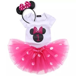 1st Birthday Outfit Matching Onesie Pink Tulle Skirt and Headband